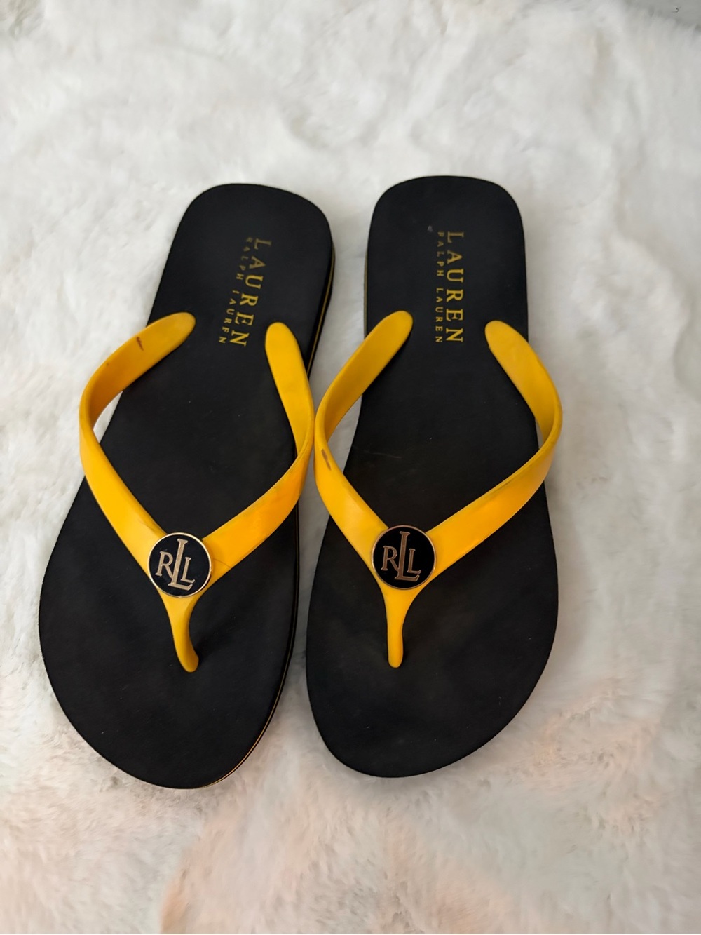 Lauren Ralph Lauren Yellow and Black Thong Sandals with RLL Logo